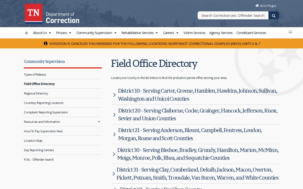 TDOC District 60 office for Henderson County parole and probation records