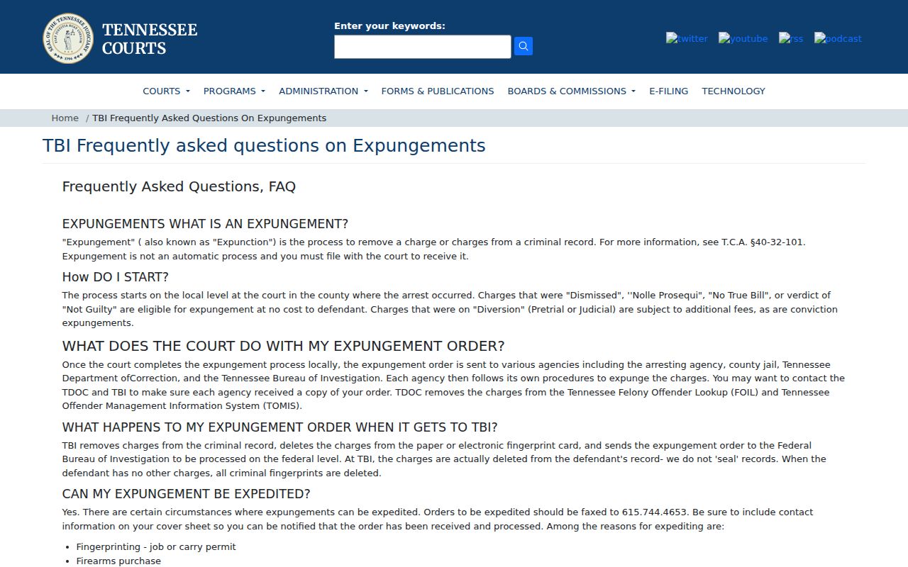Tennessee court process for Henderson County released mugshot expungement